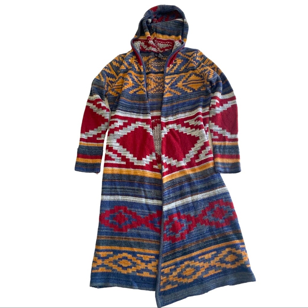 Southwest Aztec Hooded Knit Duster Cardigan Cotton Sz Medium Great with Jeans!